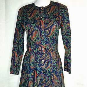 Talbots X Sara Cambell 80s Jeweltone Paisley Button Front Midi Tea Length Dress